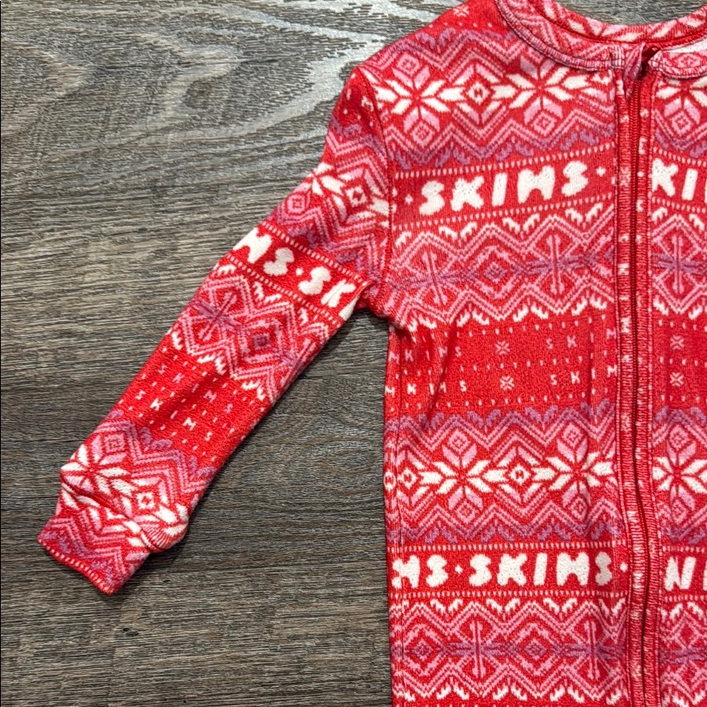 SKIMS Logo Plush Pointelle Footless Romper in Red Fair Isle Print - Picture 3 of 12
